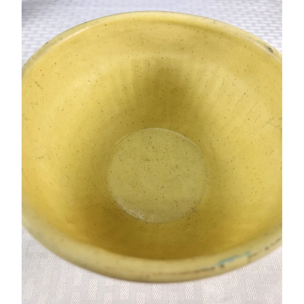 Vintage Ribbed Mustard Yellow Splash Of Green Stoneware Mixing Bowl Matte Signed